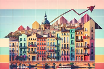 Créez une scène divisée avec, d'un côté, un éventail coloré de bâtiments résidentiels de Toulouse, en France, illustrant la profonde beauté architecturale de la ville. De l'autre moitié de l'image, incluez un graphique ascendant superposé sur des dégradés doux, suggérant une augmentation de la valeur immobilière. Utilisez différentes formes, comme des barres ou une ligne, pour représenter le graphique et assurez-vous que les détails architecturaux et le graphique se fondent ensemble, formant une image collage unique.
